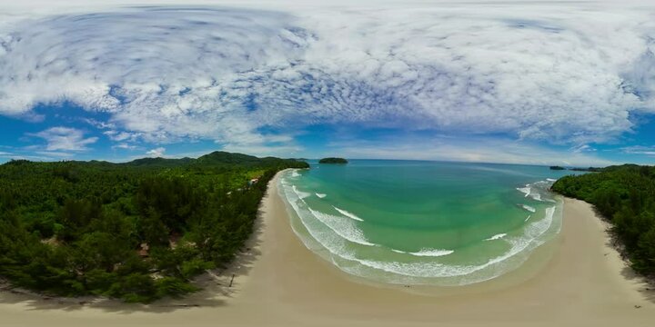 Seascape with tropical sandy beach and blue ocean. Borneo, Malaysia. Bavang Jamal Beach. 360-Degree view.