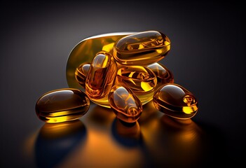 Close-up transparent golden medical pills png. Omega 3 capsules. Generative AI
