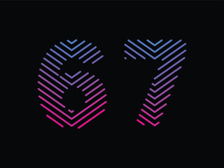 Digit 67 is written with colorful digital lines. Abstract digit 67 logo design template. Logo type vector design