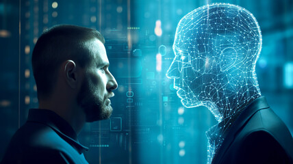 Obraz premium Machine learning reaction and ai artificial intelligence.Chat bot software network.big data and block chain system.Neuralink with smart brain.generative art images