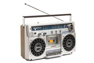 Silver retro ghetto radio boom box cassette recorder from 80s