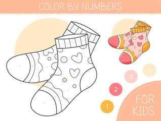 Color by numbers coloring page for kids with socks. Coloring book with cute cartoon socks with an example for coloring. Monochrome and color versions.