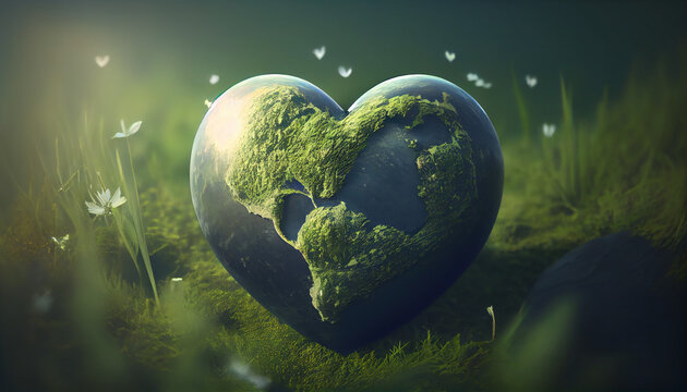 Heart shaped planet on green meadow. Earth day concept. Ai generated image