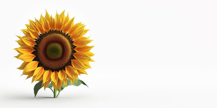Close-up 3d realistic sunflower isolated on white banner. Place for text. Generative AI
