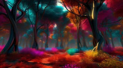 A forest of rainbow-colored trees with vines that glow in the dark and flowers that sing when the wind blows,photorealistic
