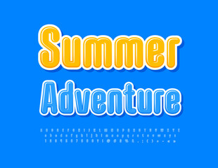Vector modern poster Summer Adventure. Blue Glossy Font. Creative Alphabet Letters, Numbers and Symbols
