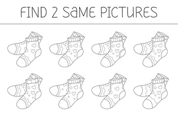 Find two some pictures is an educational game for kids with socks. Cute socks coloring book.