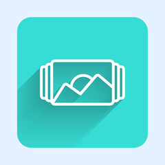 White line Photo frame icon isolated with long shadow background. Vintage empty photos frame. Green square button. Vector