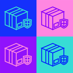 Pop art line Delivery security with shield icon isolated on color background. Delivery insurance. Insured cardboard boxes beyond the shield. Vector