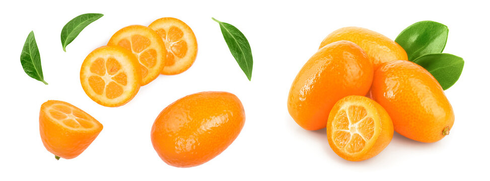 Cumquat or kumquat with slies isolated on white background. Top view. Flat lay