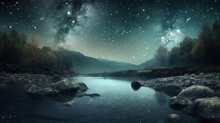 Fototapeta na wymiar a night scene with a river and stars in the sky above the water and rocks in the foreground and a mountain range in the distance. generative ai