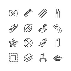 Pasta of various shapes, linear style icons set. macaroni. Italian dish. Editable stroke width