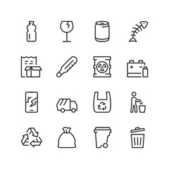 Garbage, linear style icons set. Different types of garbage. Sorting Plastic, glass, iron, organics, paper, medical, chemically hazardous, radioactive, battery. Editable stroke width