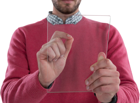 Mid section of man using glass digital tablet - Powered by Adobe