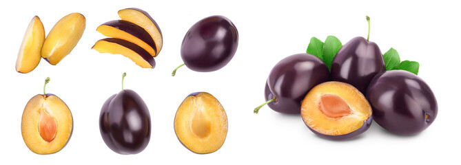 fresh purple plum and half isolated on white background . Top view. Flat lay. Set or collection.