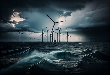 Wind Turbines. Offshore Wind Farm on a Stormy Evening. Sustainable Power Concept. Generative AI