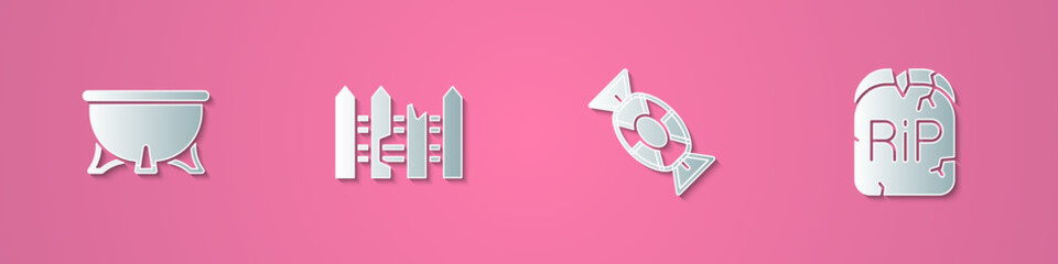 Set paper cut Halloween witch cauldron, Garden fence wooden, Candy and Tombstone with RIP written icon. Paper art style. Vector