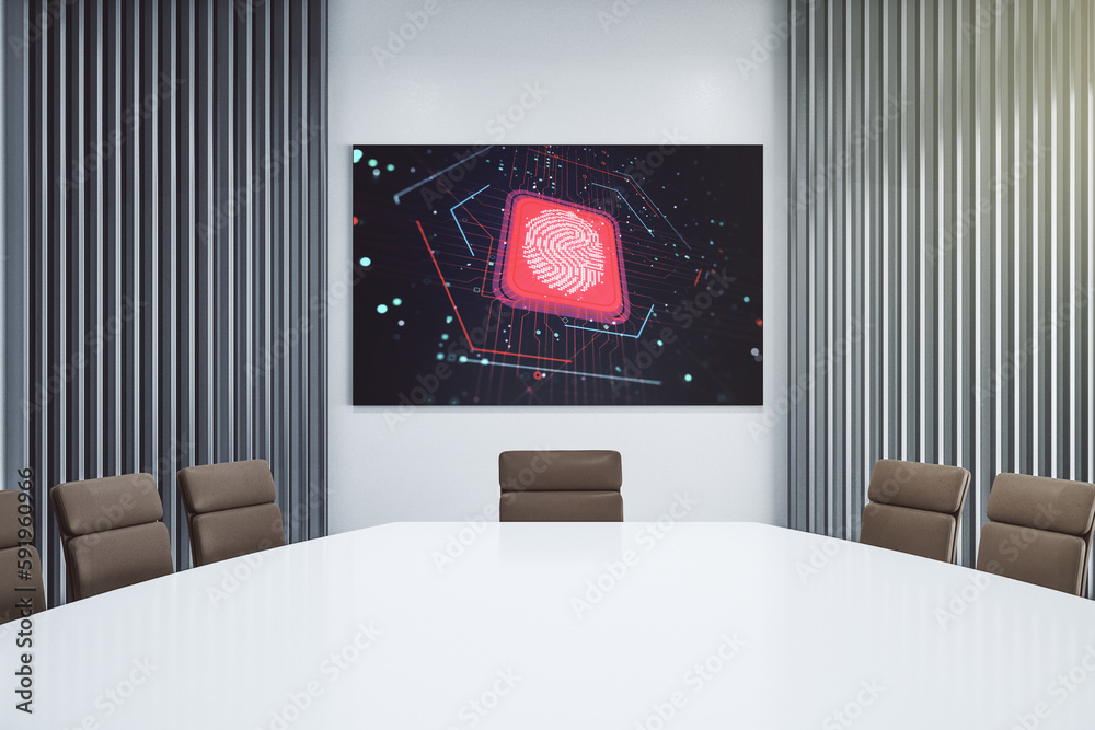 Poster abstract fingerprint scan interface on presentation monitor in a modern boardroom, digital access co