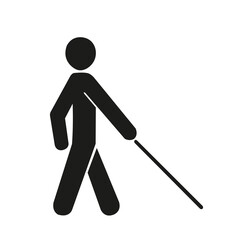  Icono de hombre ciego con bastón sobre un fondo blanco liso y aislado. Vista de frente y de cerca. Copy space