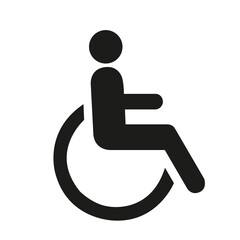 Icono de hombre en silla de rueda sobre un fondo blanco liso y aislado. Vista de frente y de cerca. Copy space