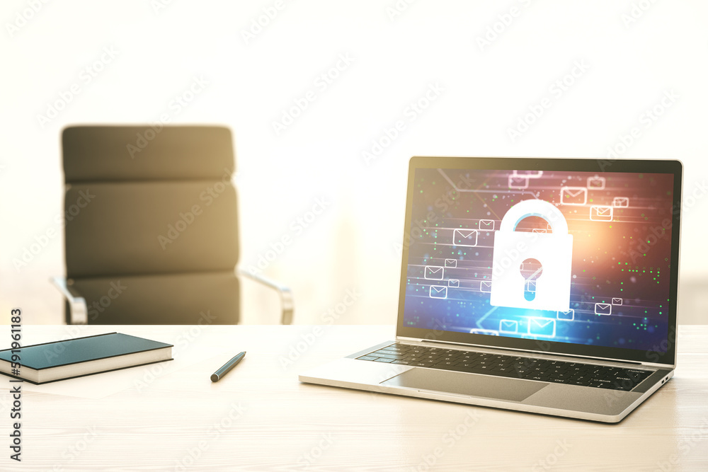 Aufkleber Modern computer monitor with creative lock hologram and email symbols. Information security concept. 3D Rendering