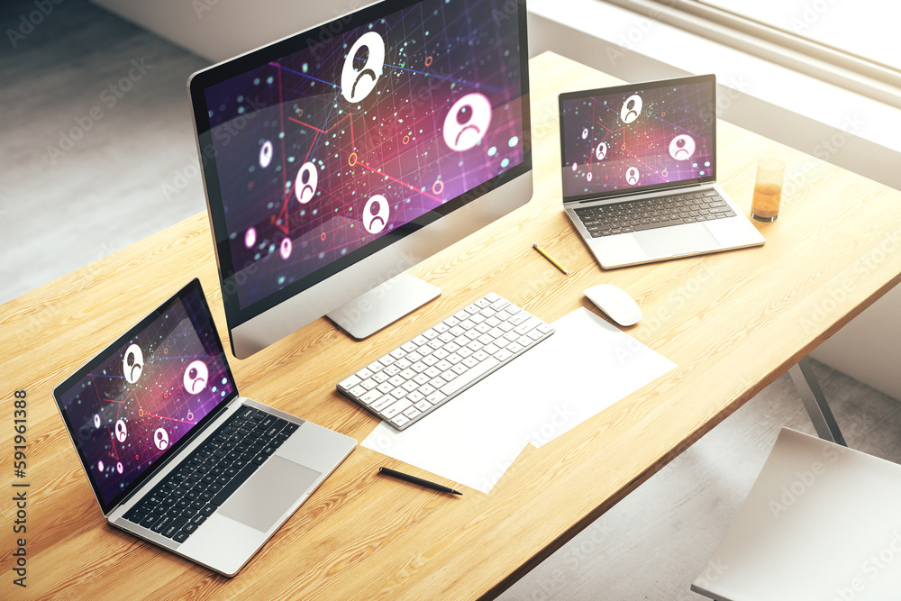 Poster modern computer display with social network icons concept. networking concept. 3d rendering