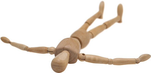 Wooden 3d figurine lying on floor with arms spread