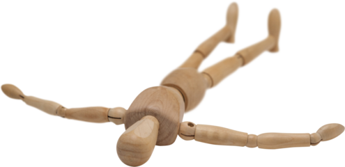 Wooden 3d figurine lying on floor with arms spread