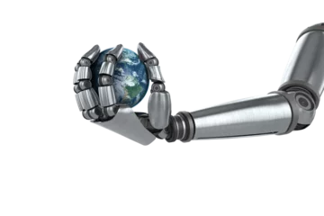 Gordijnen Digitally generated image of chrome robotic hand with globe © vectorfusionart