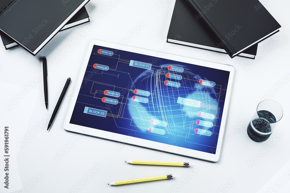 Leinwandbilder modern digital tablet monitor with abstract creative coding sketch and world map, artificial intelli
