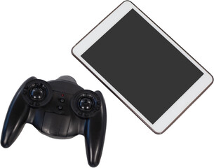 Digital tablet and gaming controller on white background