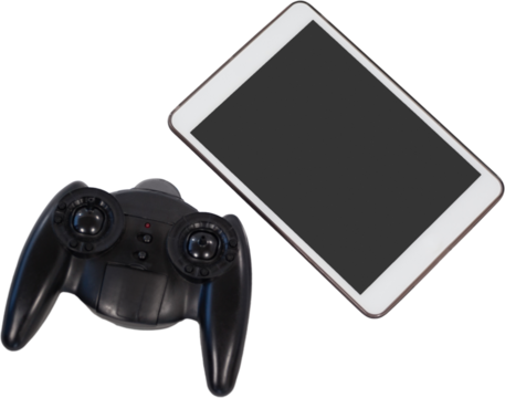 Digital tablet and gaming controller on white background