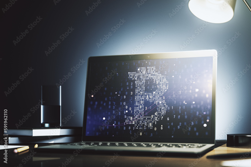 Poster Modern computer monitor with creative Bitcoin symbol. Cryptocurrency concept. 3D Rendering