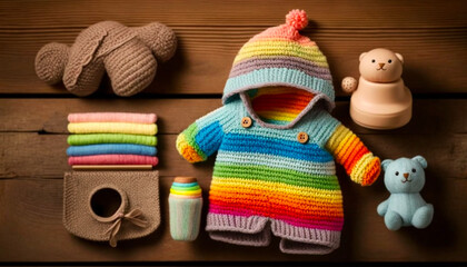 Baby clothing set concept rainbow knitwear toys wood background, Generative AI.