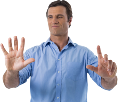 Male executive pressing an invisible virtual screen