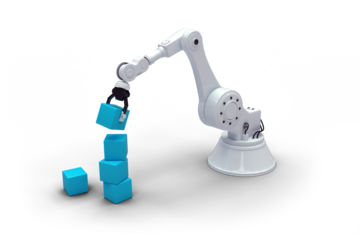 Robot arm arranging blue boxes