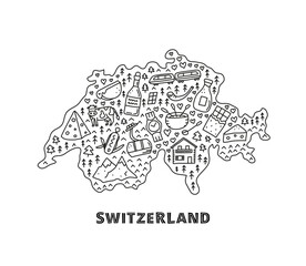Doodle outline Switzerland tourist map.