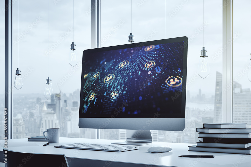 Poster modern computer monitor with social network icons concept with world map. marketing and promotion co