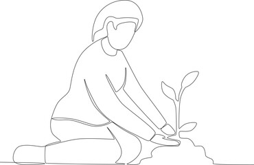 A woman planting a tree. World environment day one-line drawing