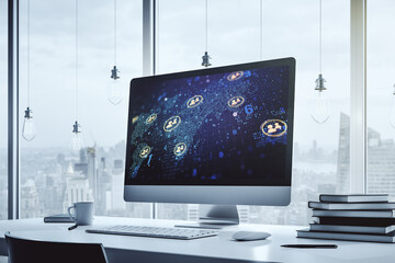 Modern computer monitor with social network icons concept with world map. Marketing and promotion concept. 3D Rendering