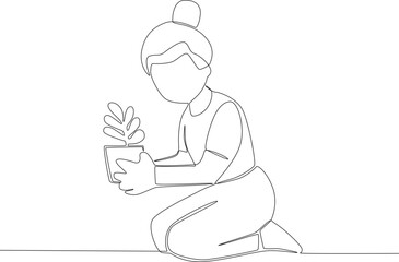 A woman sits with a flower in a pot. World environment day one-line drawing