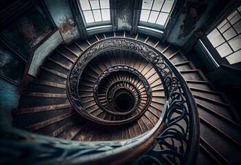 Stairs spiral inside the lighthouse. Generative AI