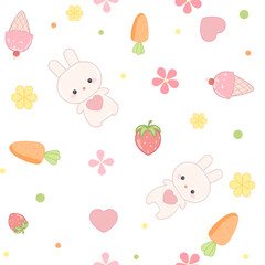 Cheerful, cute, spring easter pattern with cute, kawaii bunny, flowers, carrots, in pastel colors, decor element for fabric, wallpaper, wrapper, packaging