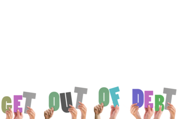 Cropped hands holding colorful words get out of debt 