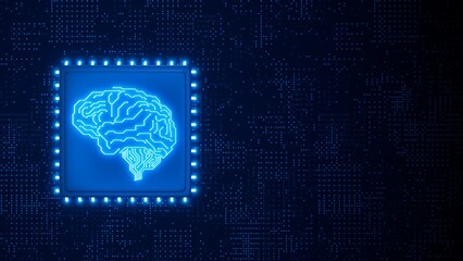 Artificial intelligence brain chip shape blue color, communications theme, 3d illustration