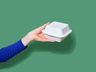 Female hand holding food container for takeaway burger. Flash light, copy space