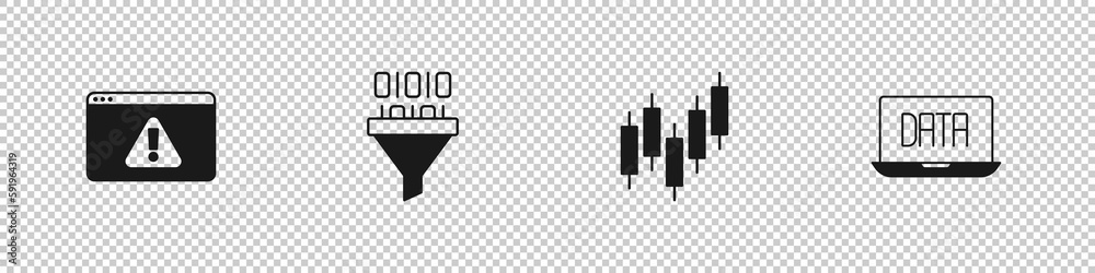 Wall mural set browser with exclamation mark, binary code, stocks market and data analysis icon. vector