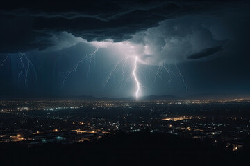 Fototapeta na wymiar lightning over the city created with Generative AI technology