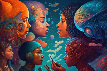 Obraz na płótnie Canvas Generative AI illustration of a multiverse of speech, a fantasy world where everyone can talk, colorful, diverse avatars interacting with each other, human rights and women's rights
