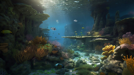 A coral reef with sea creatures that have the ability to change their shape and color, and underwater caves filled with glowing orbs,photorealistic